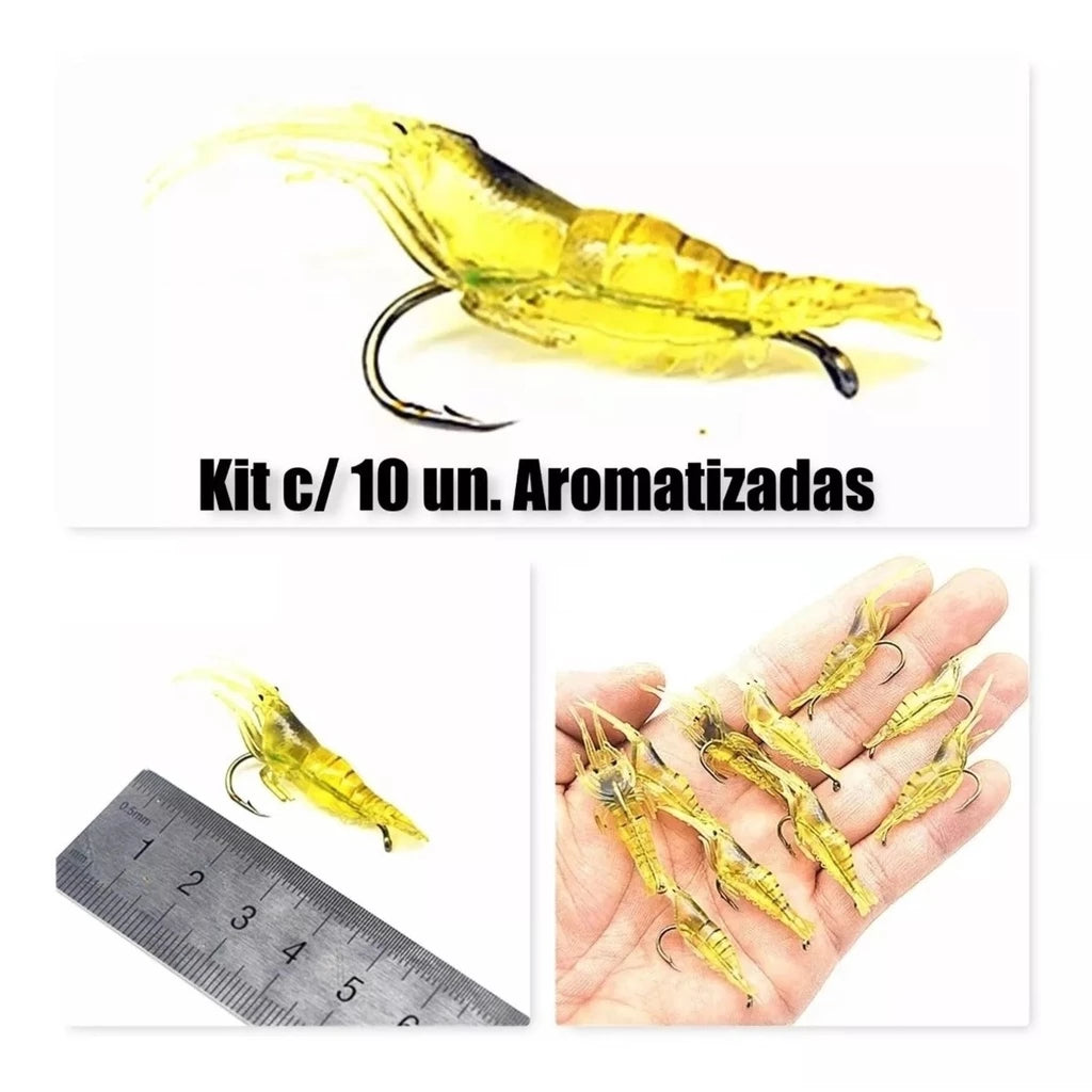 Kit Com 10 Iscas Artificiais Camarão Aromatizado De Silicone Com Anzol