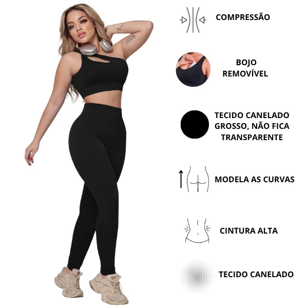 Conjunto Fitness Feminino Canelado Ombro Com Recorte