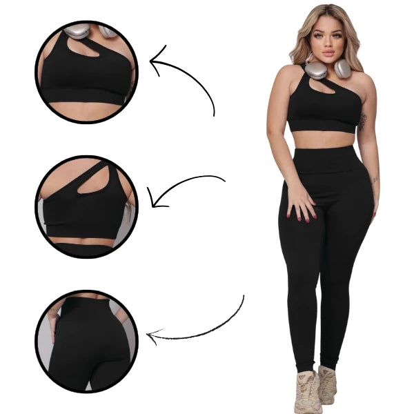 Conjunto Fitness Feminino Canelado Ombro Com Recorte