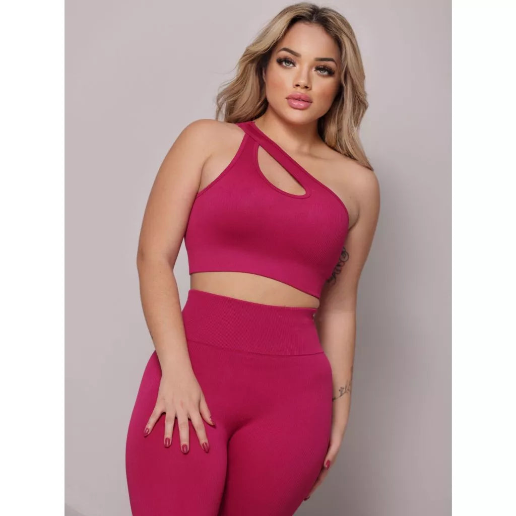 Conjunto Fitness Feminino Canelado Ombro Com Recorte