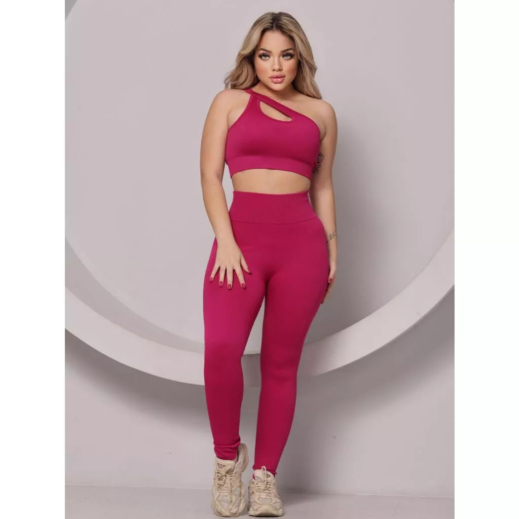Conjunto Fitness Feminino Canelado Ombro Com Recorte