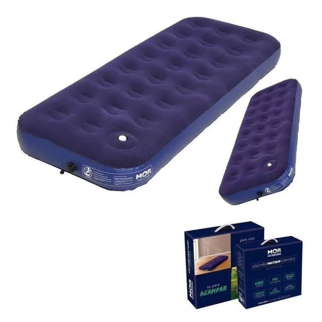 Colchão Inflável Solteiro Mor + Inflador Embutido + Kit Reparo
