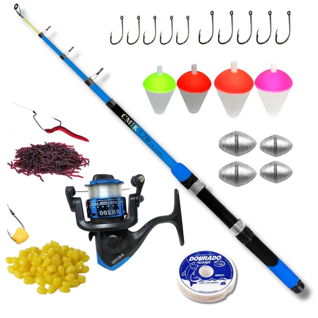 Kit De Pesca Completo 1 Vara Telescópica 12 Lbs + 1 Molinete Com Linha