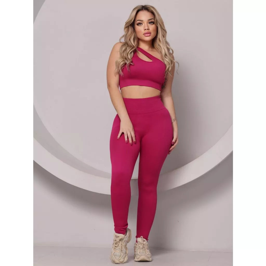 Conjunto Fitness Feminino Canelado Ombro Com Recorte