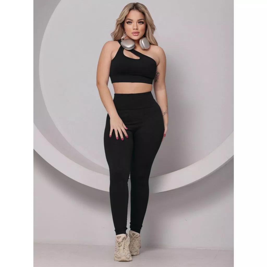 Conjunto Fitness Feminino Canelado Ombro Com Recorte