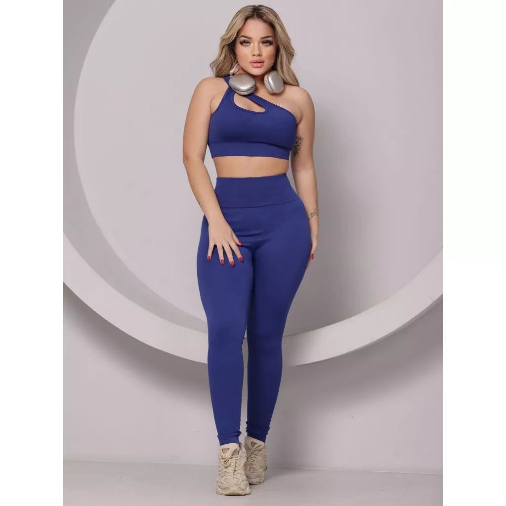 Conjunto Fitness Feminino Canelado Ombro Com Recorte