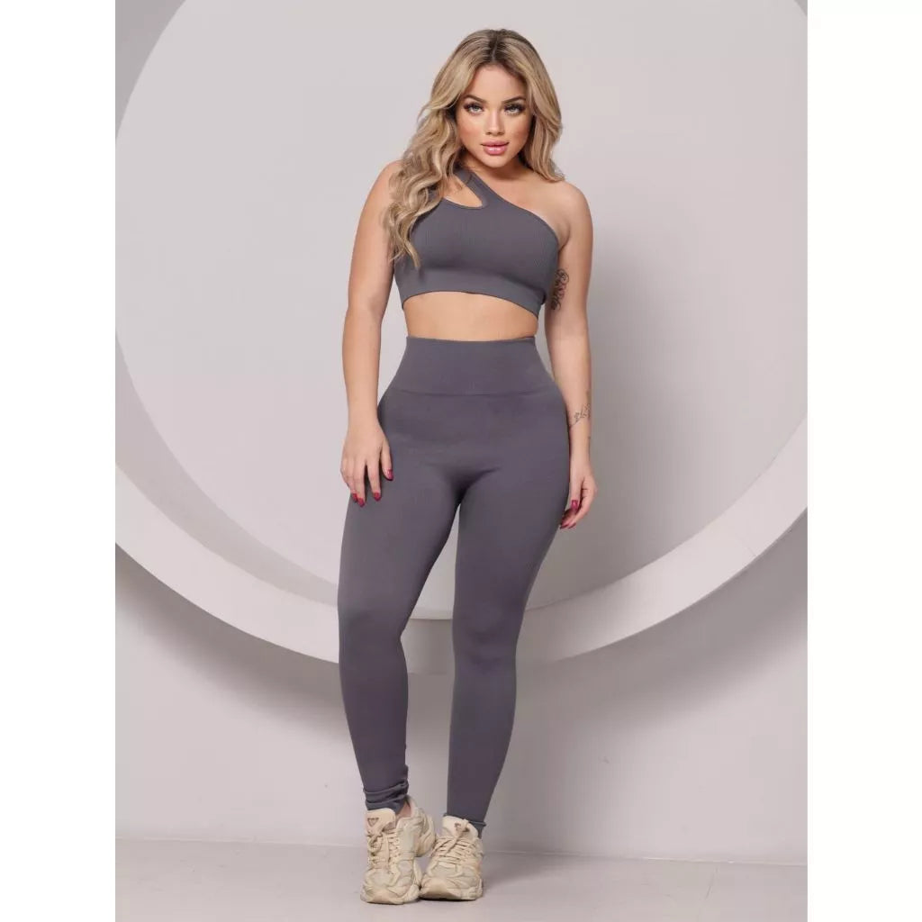 Conjunto Fitness Feminino Canelado Ombro Com Recorte