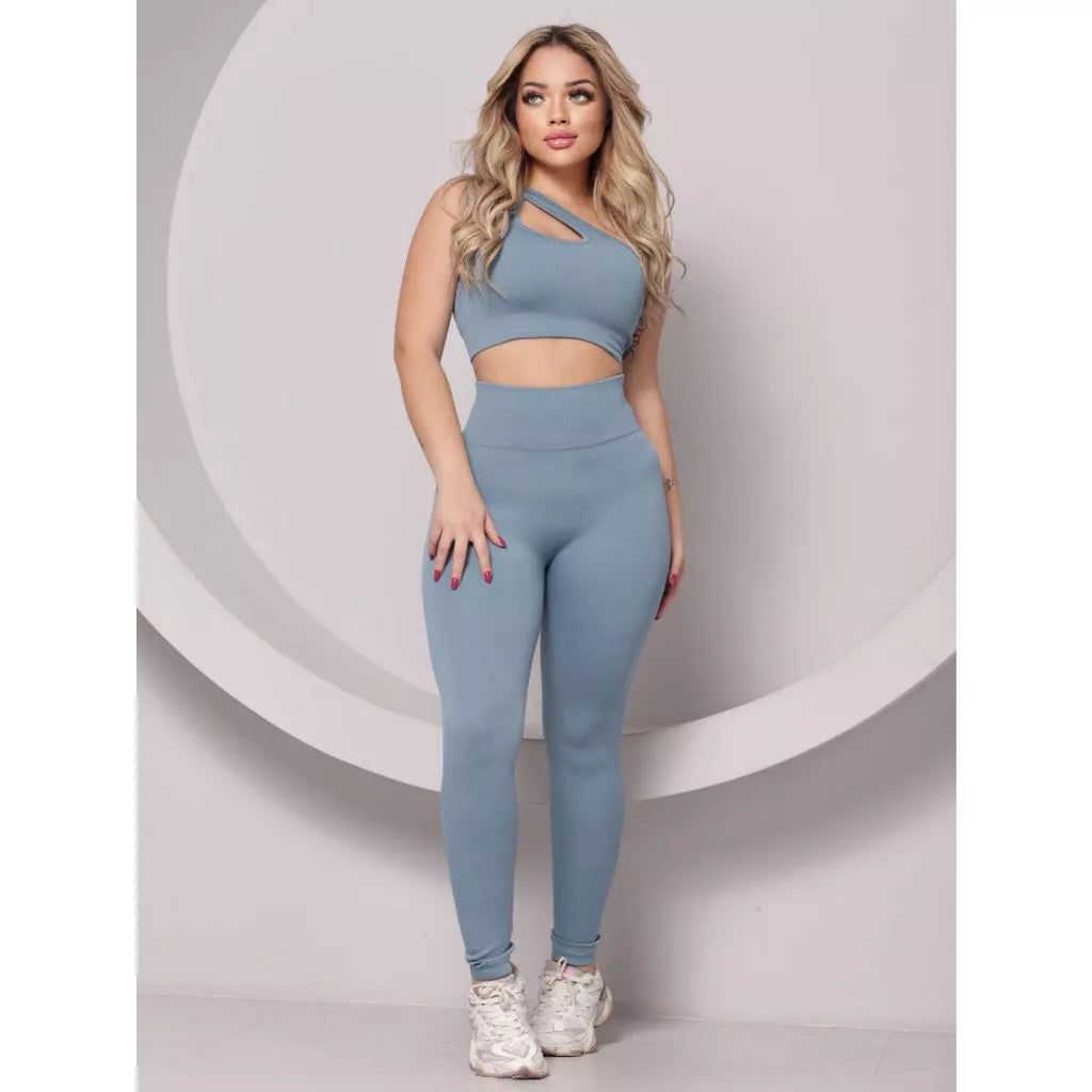 Conjunto Fitness Feminino Canelado Ombro Com Recorte