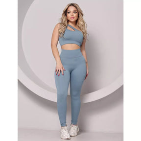 Conjunto Fitness Feminino Canelado Ombro Com Recorte