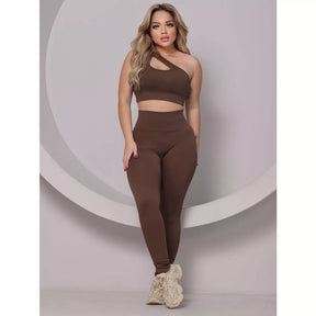 Conjunto Fitness Feminino Canelado Ombro Com Recorte