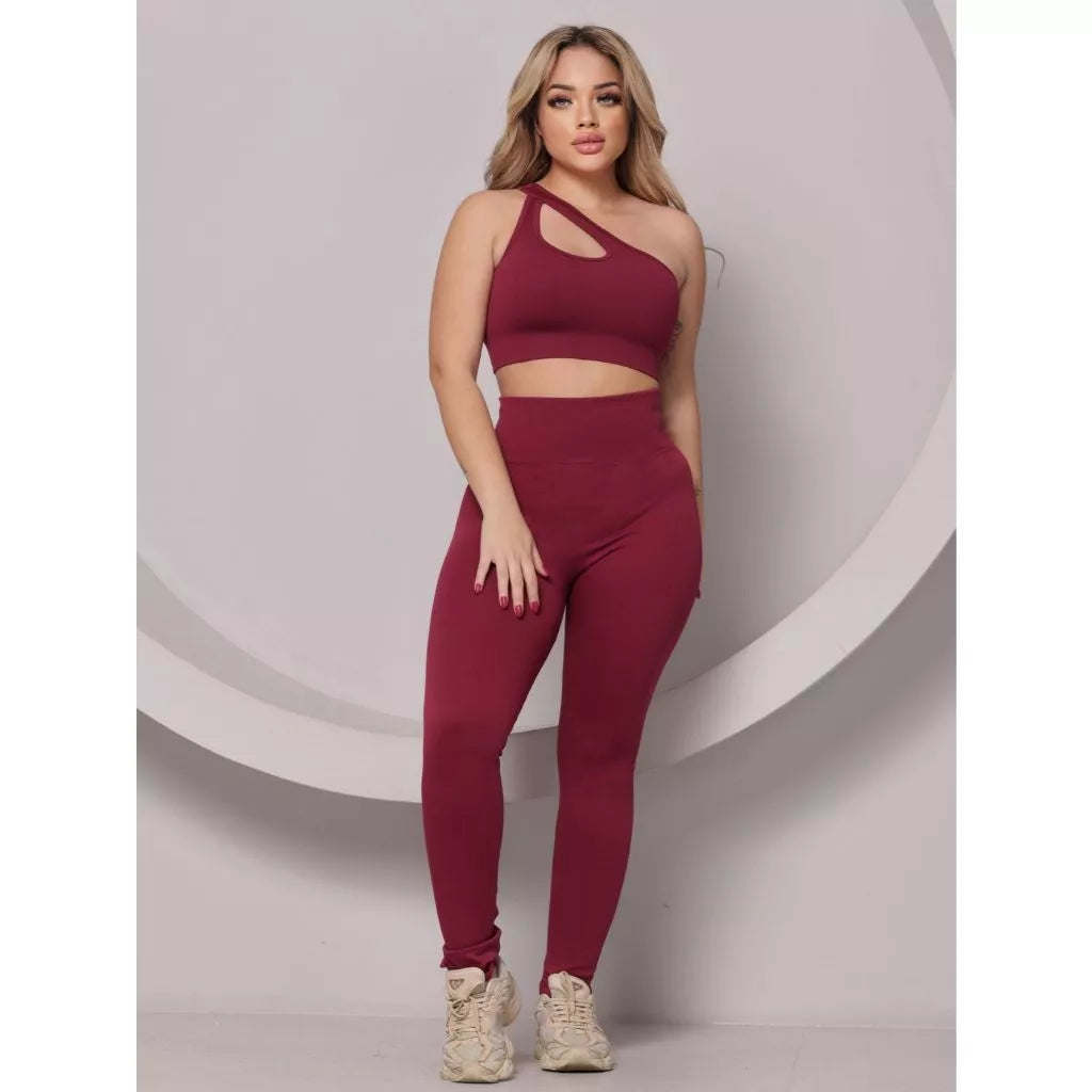 Conjunto Fitness Feminino Canelado Ombro Com Recorte